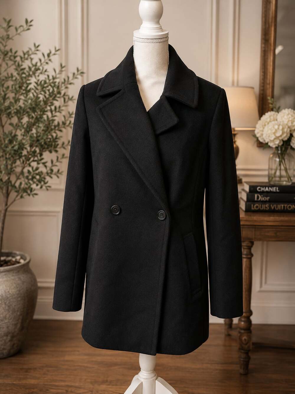 NWT Donna Karan New York Women's Black Double Breasted Wool cashmere Blend Coat
